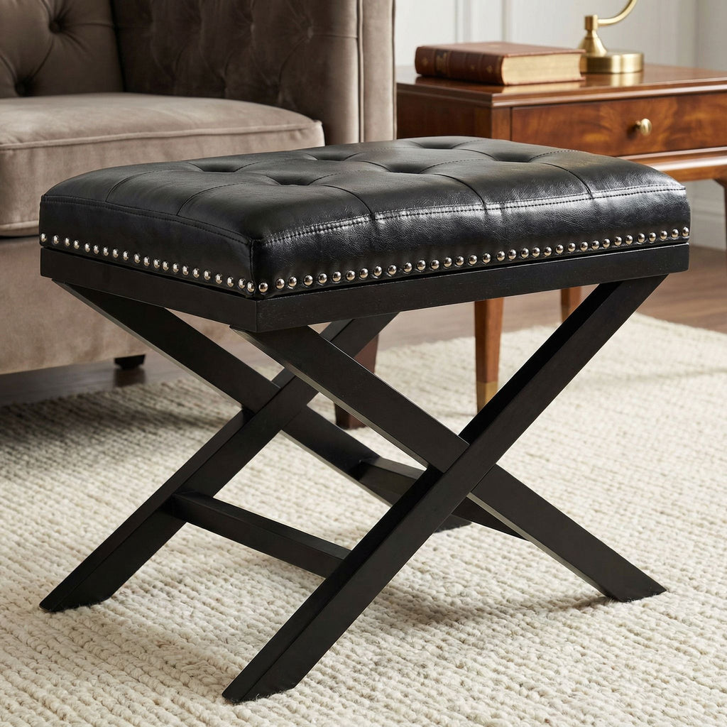 Kayla Traditional X Bench Ottoman in Vinyl with Nailhead Trim, Black