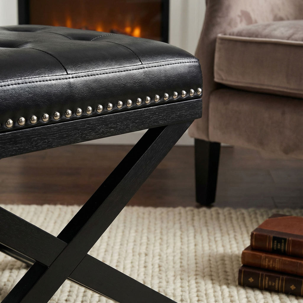Kayla Traditional X Bench Ottoman in Vinyl with Nailhead Trim, Black