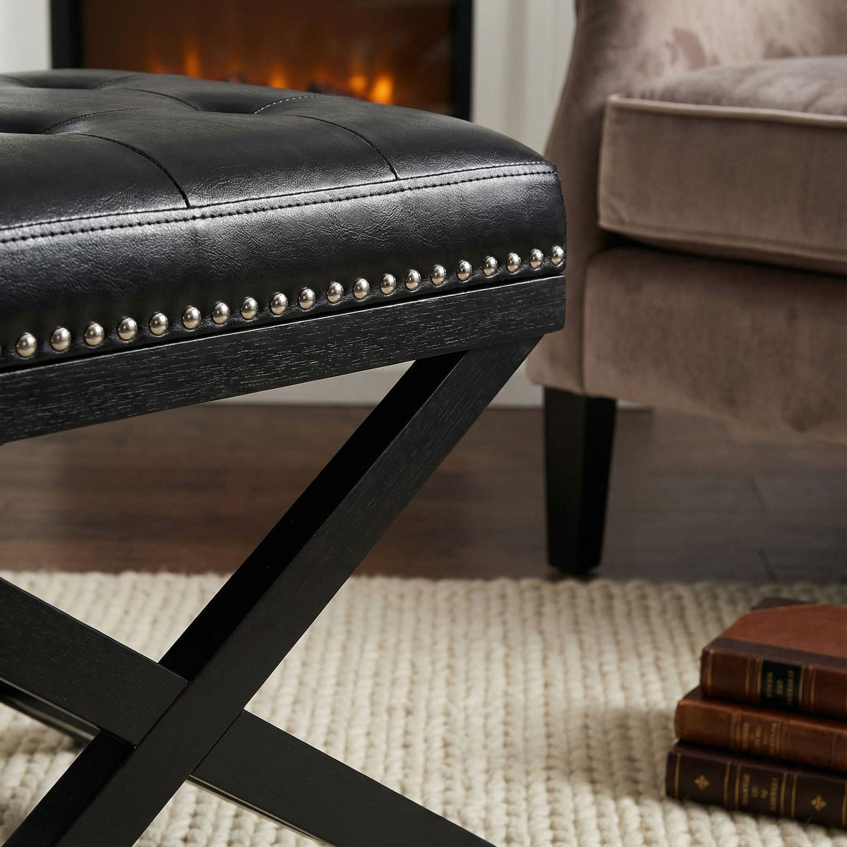 Kayla Traditional X Bench Ottoman in Vinyl with Nailhead Trim, Black