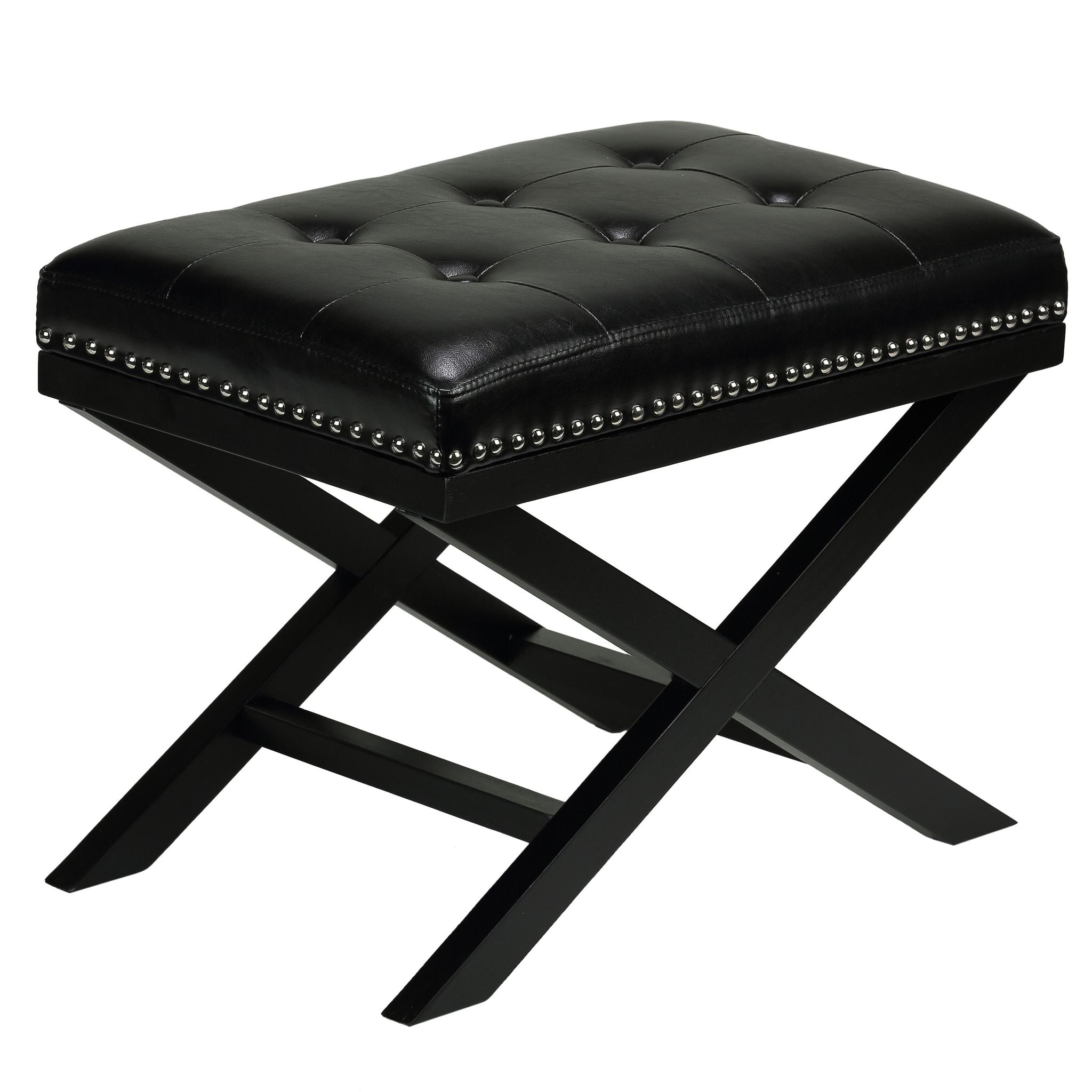Kayla Traditional X Bench Ottoman in Vinyl with Nailhead Trim, Black