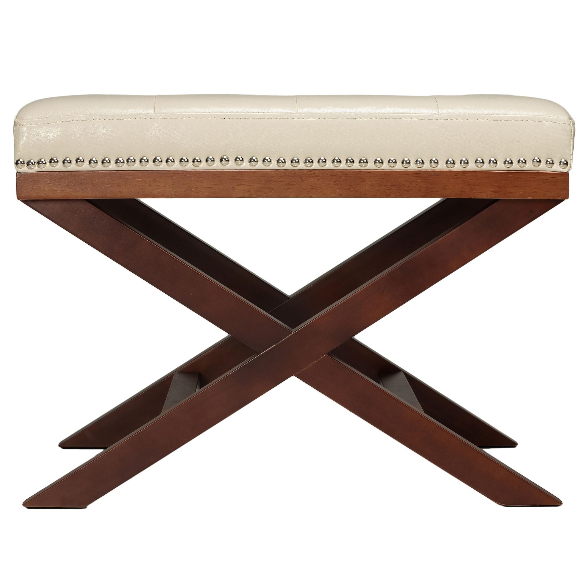 Kayla Traditional X Bench Ottoman in Vinyl with Nailhead Trim, Cream