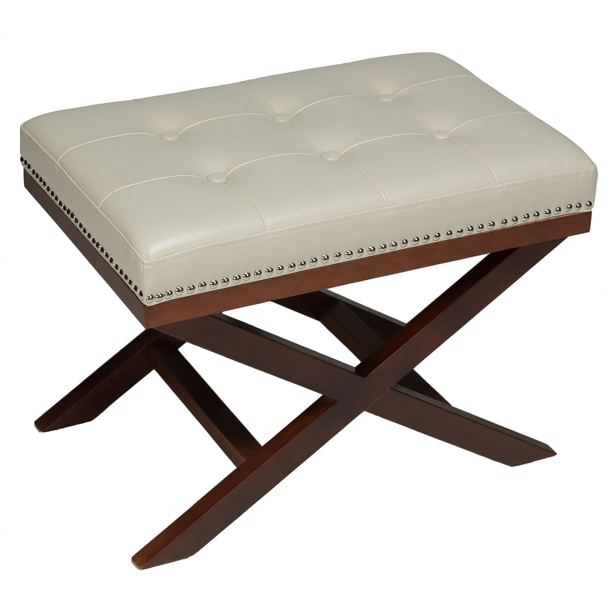 Kayla Traditional X Bench Ottoman in Vinyl with Nailhead Trim, Cream