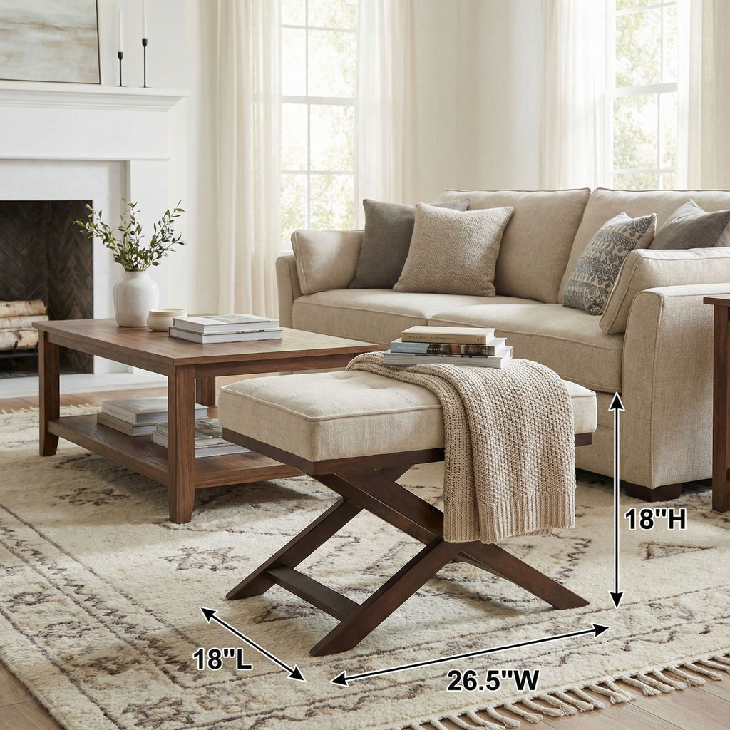 Ari "X" Bench Ottoman in Linen Fabric with Walnut Wood Legs, Beige