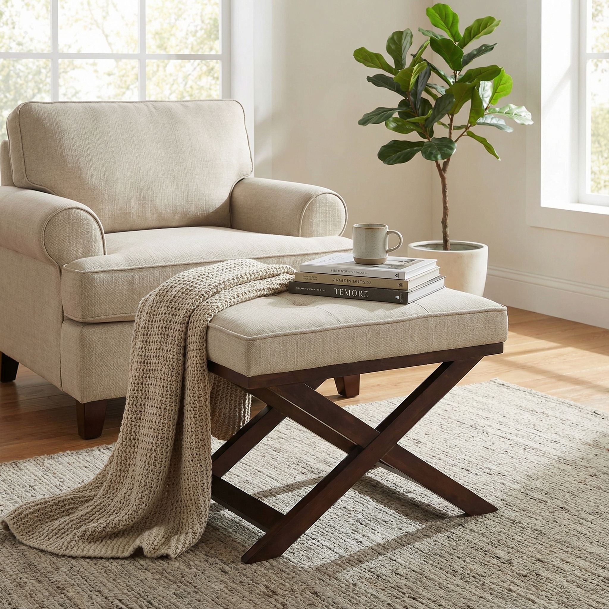 Ari "X" Bench Ottoman in Linen Fabric with Walnut Wood Legs, Beige