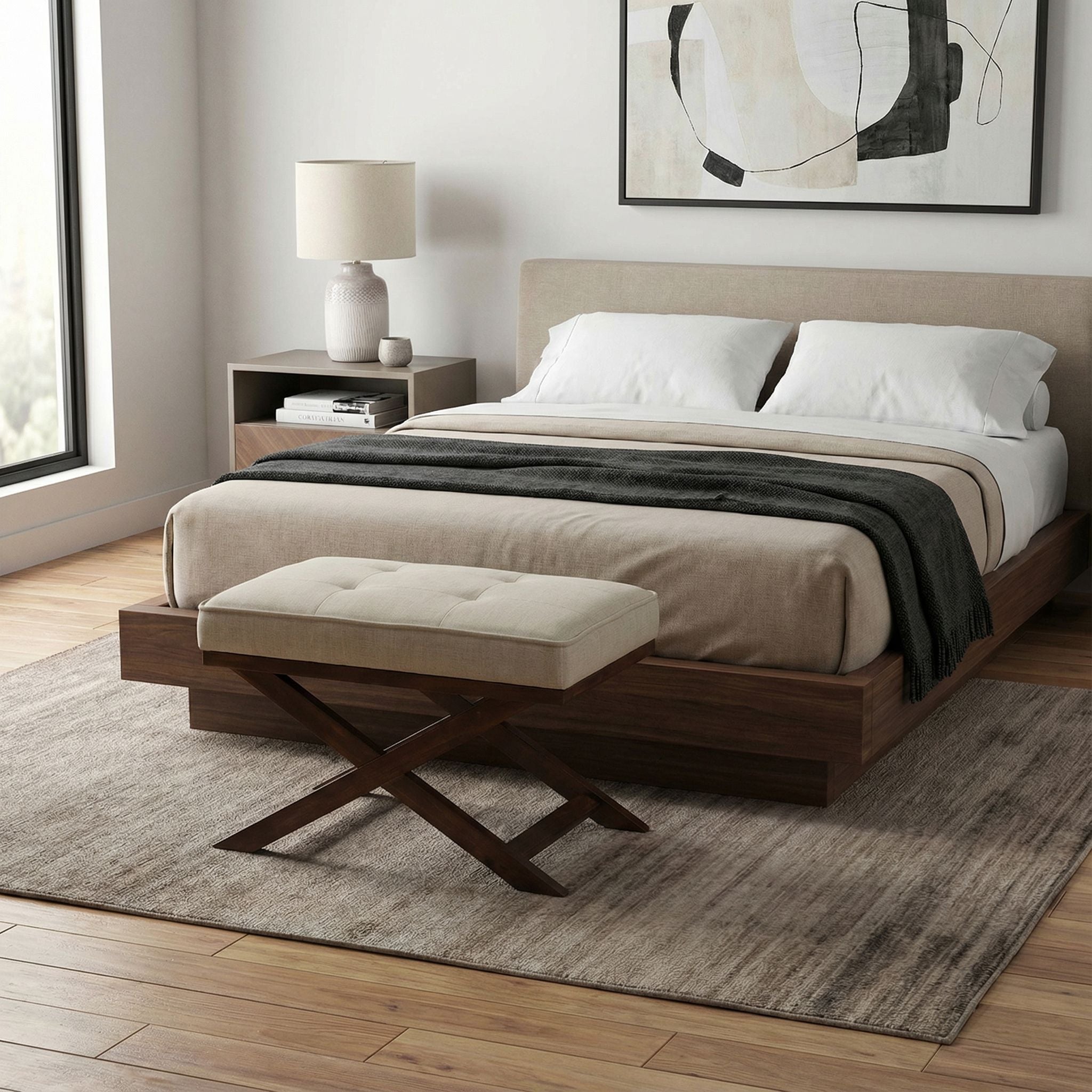 Ari "X" Bench Ottoman in Linen Fabric with Walnut Wood Legs, Beige