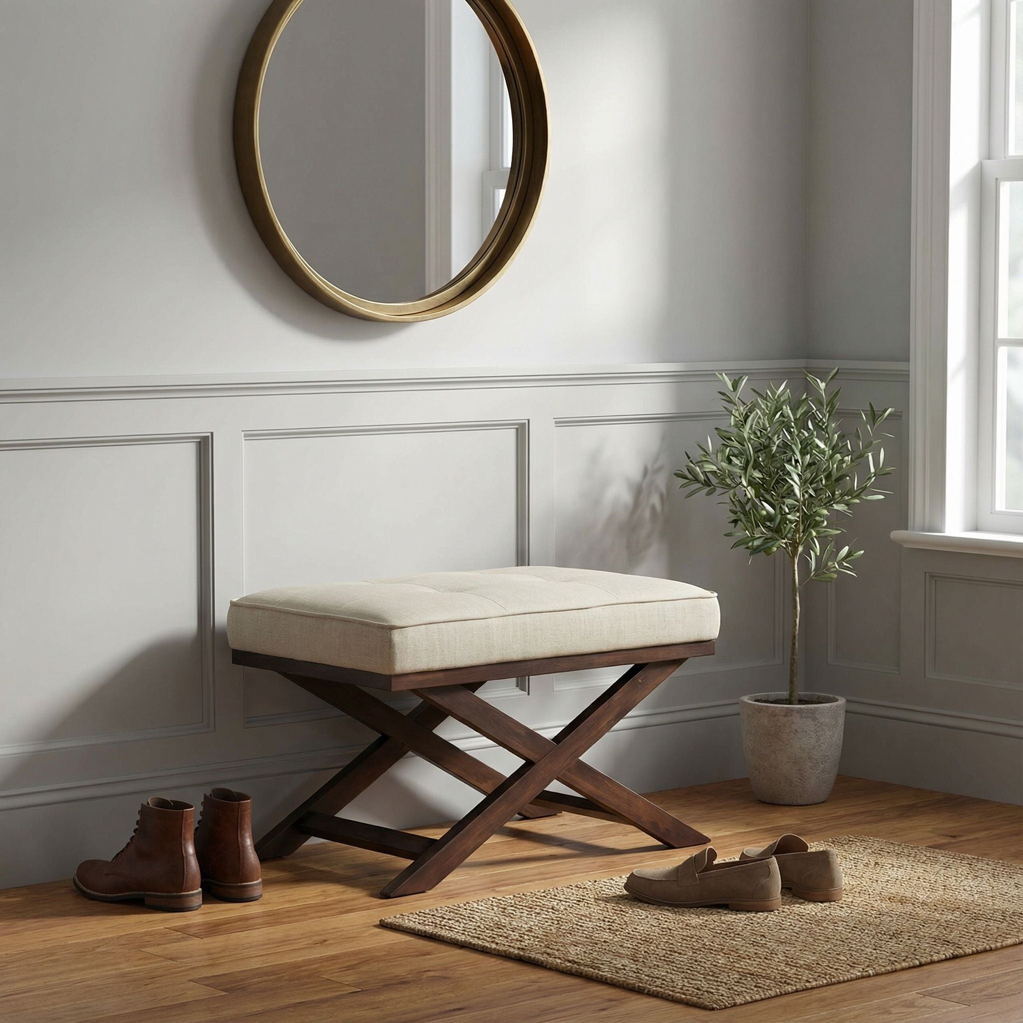 Ari "X" Bench Ottoman in Linen Fabric with Walnut Wood Legs, Beige