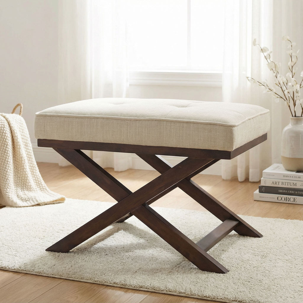 Ari "X" Bench Ottoman in Linen Fabric with Walnut Wood Legs, Beige