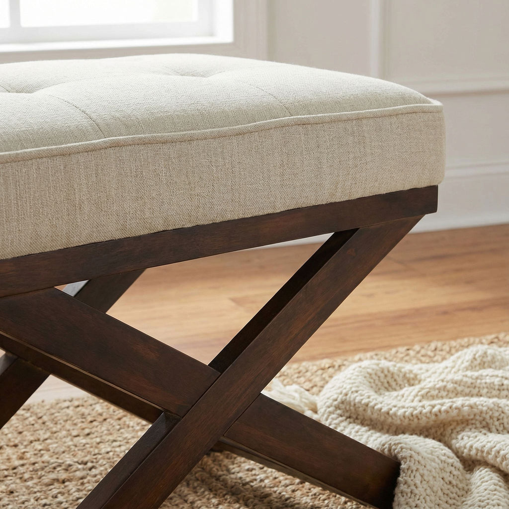 Ari "X" Bench Ottoman in Linen Fabric with Walnut Wood Legs, Beige