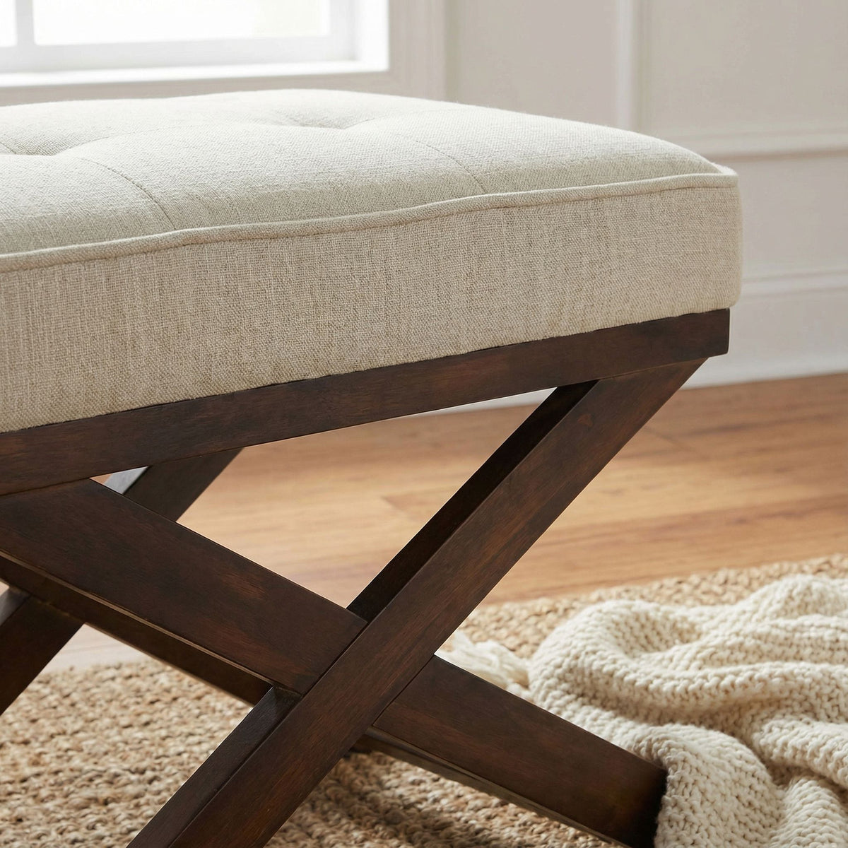 Ari "X" Bench Ottoman in Linen Fabric with Walnut Wood Legs, Beige