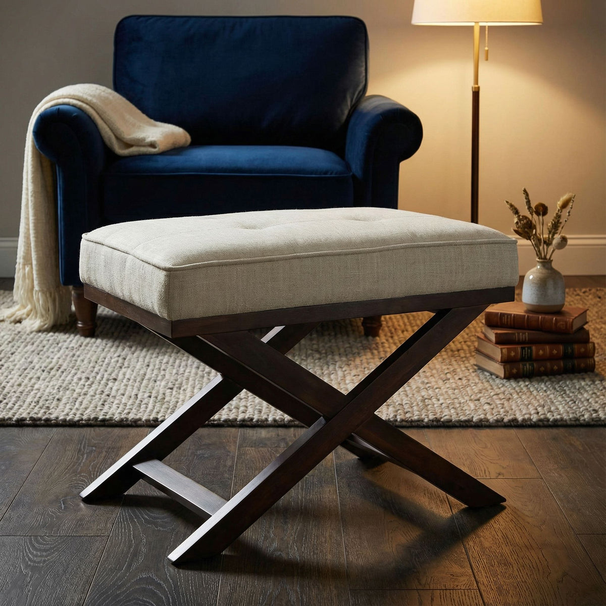 Ari "X" Bench Ottoman in Linen Fabric with Walnut Wood Legs, Beige