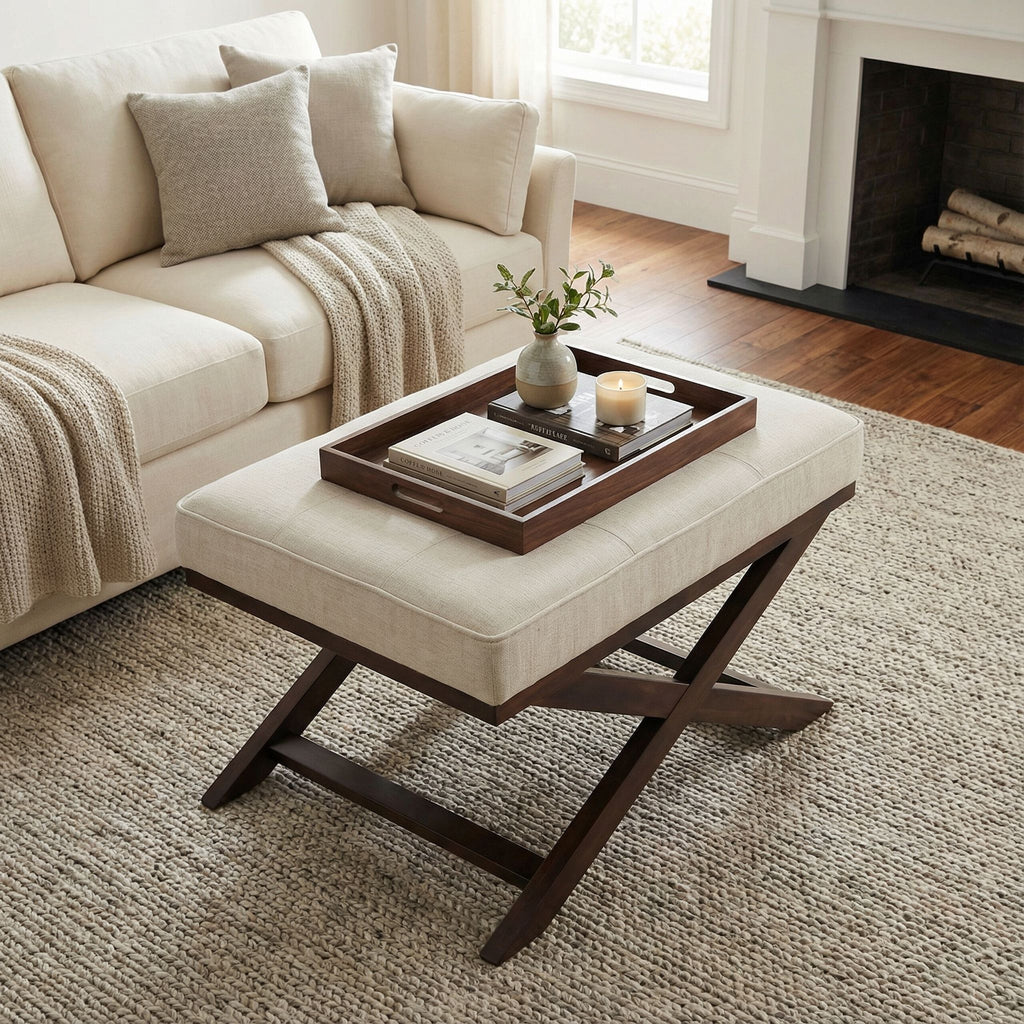 Ari "X" Bench Ottoman in Linen Fabric with Walnut Wood Legs, Beige