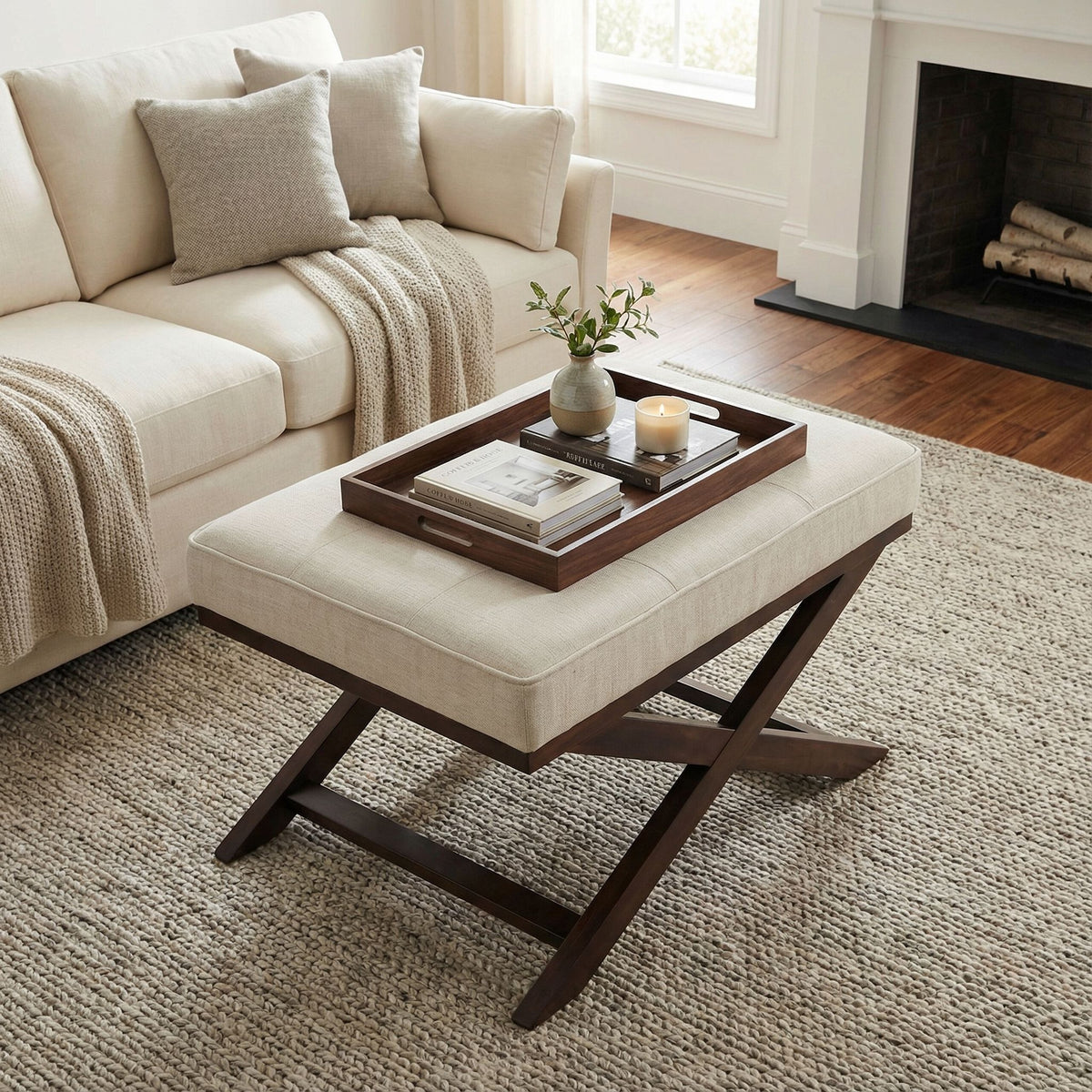 Ari "X" Bench Ottoman in Linen Fabric with Walnut Wood Legs, Beige