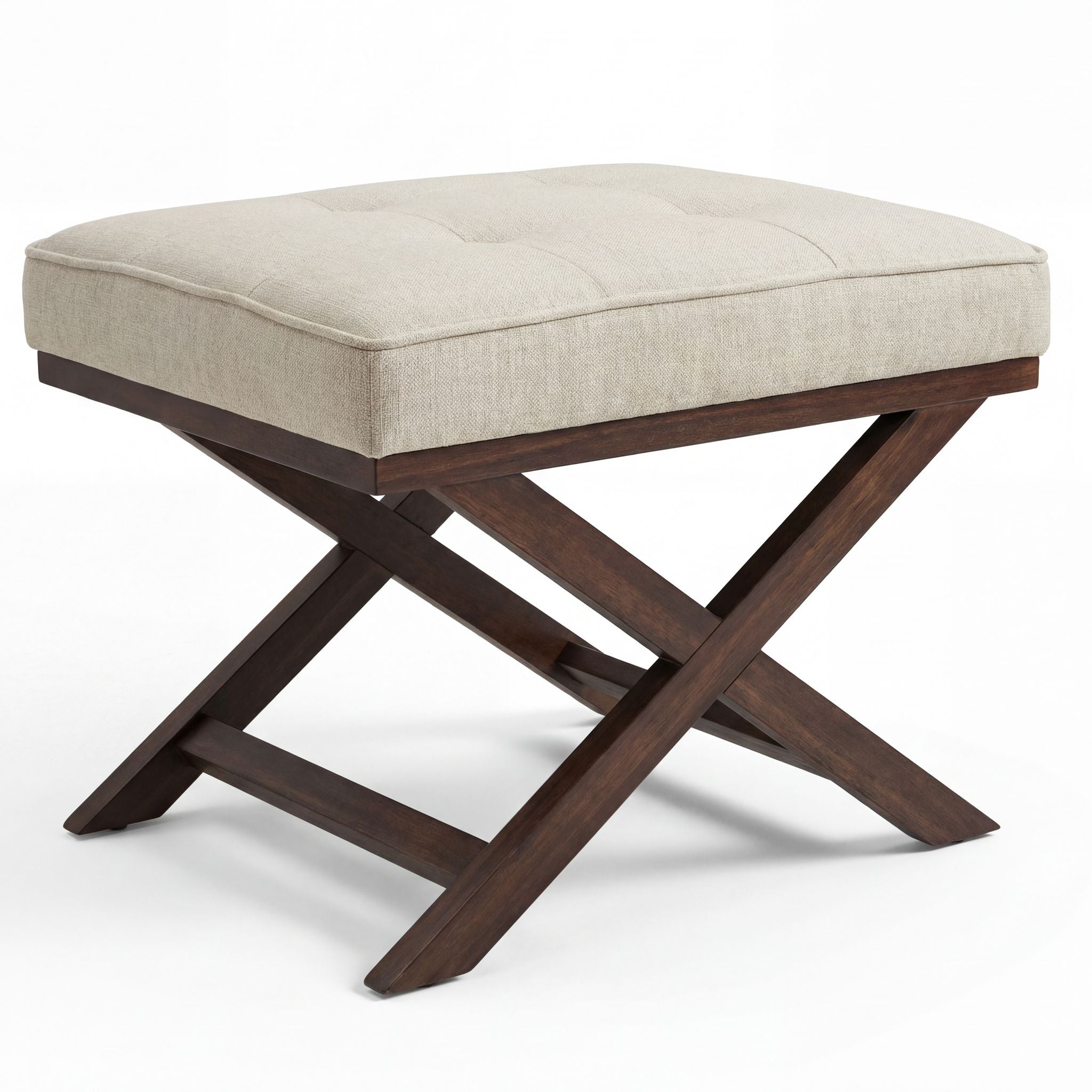 Ari "X" Bench Ottoman in Linen Fabric with Walnut Wood Legs, Beige