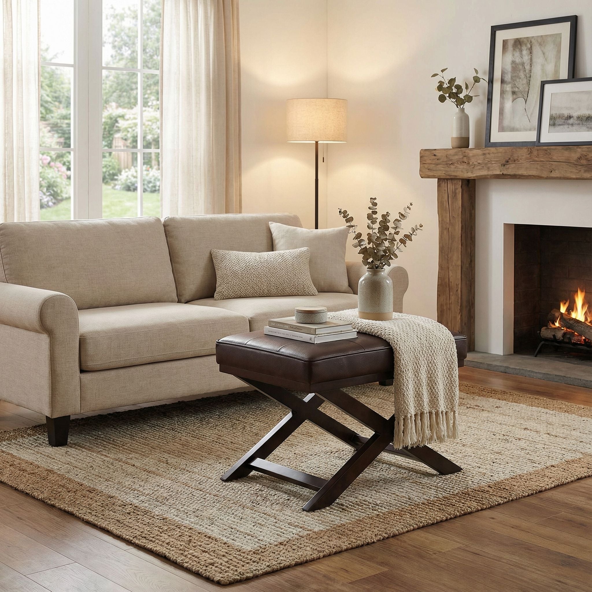 Ari Brown X Bench Ottoman in Bonded Leather with Dark Cappuccino Wood Legs