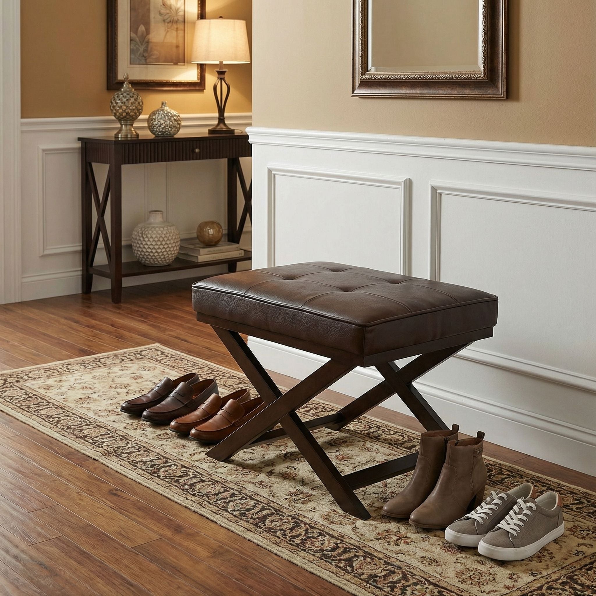 Ari Brown X Bench Ottoman in Bonded Leather with Dark Cappuccino Wood Legs