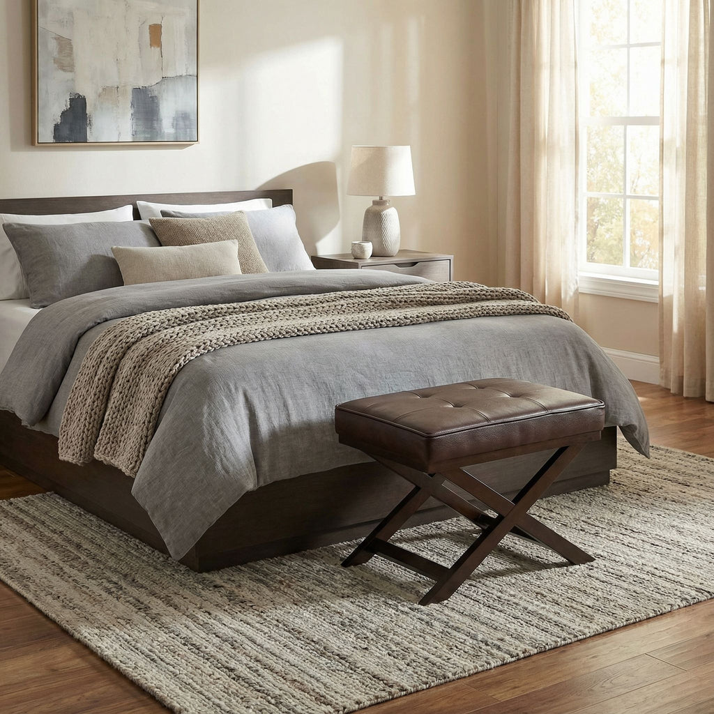 Ari Brown X Bench Ottoman in Bonded Leather with Dark Cappuccino Wood Legs