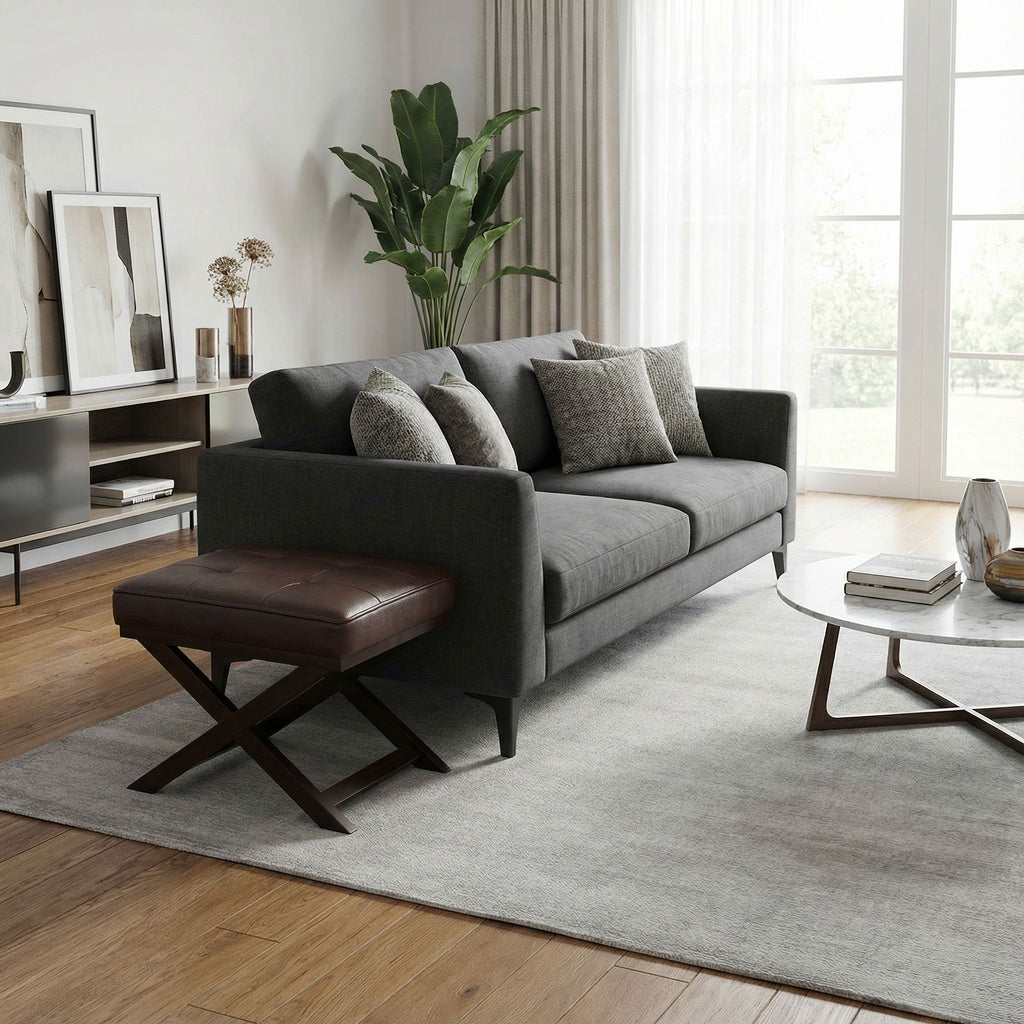 Ari Brown X Bench Ottoman in Bonded Leather with Dark Cappuccino Wood Legs