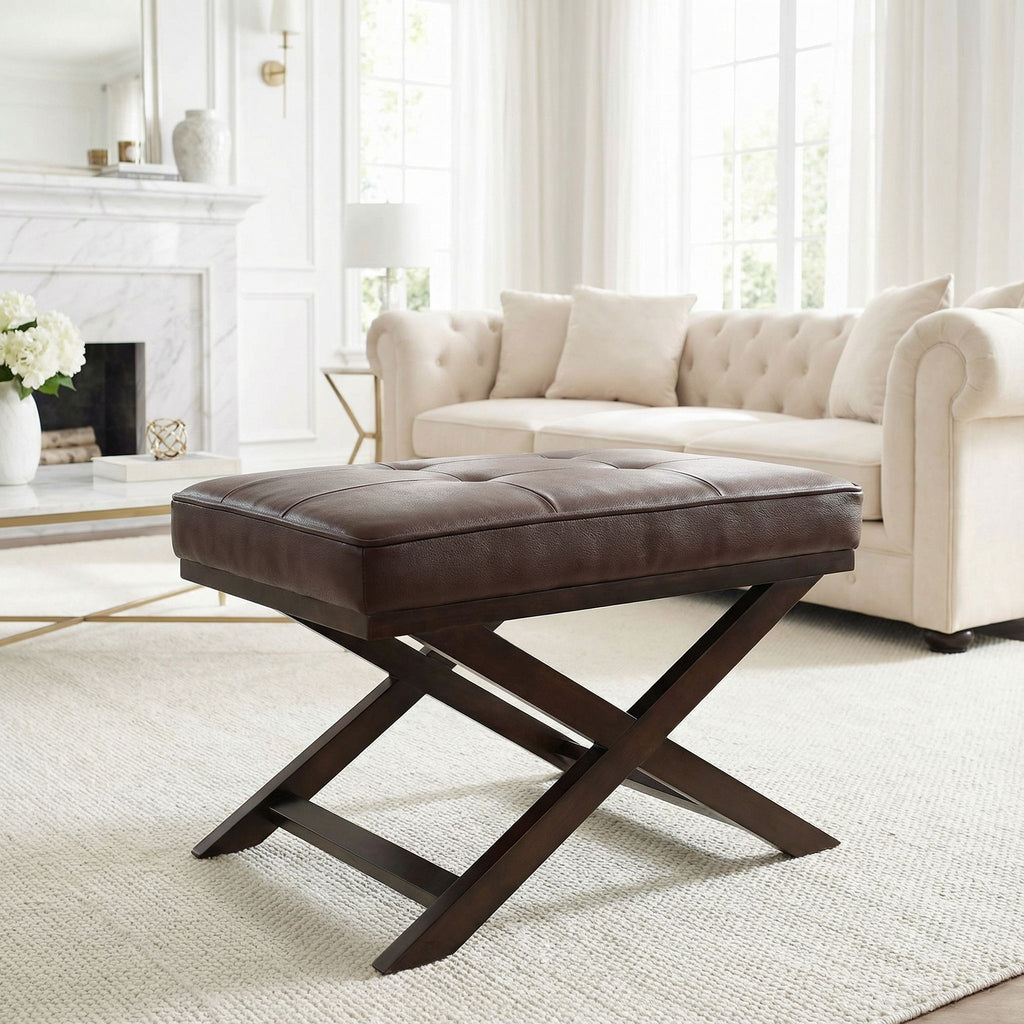 Ari Brown X Bench Ottoman in Bonded Leather with Dark Cappuccino Wood Legs
