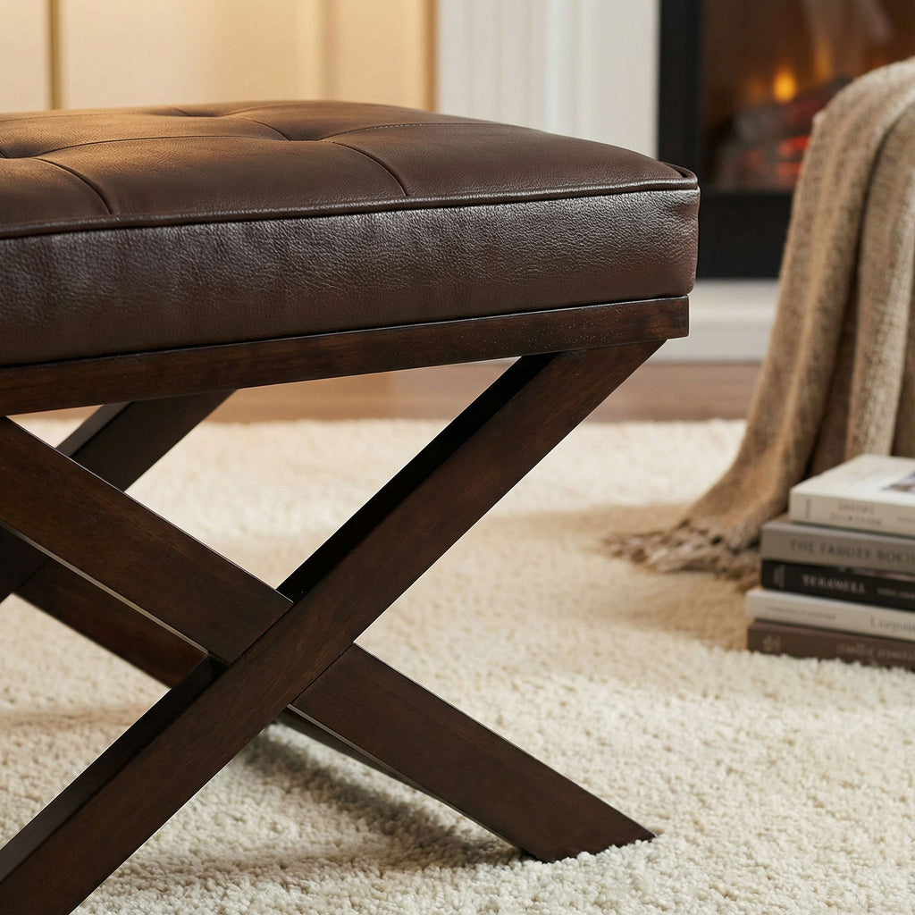 Ari Brown X Bench Ottoman in Bonded Leather with Dark Cappuccino Wood Legs