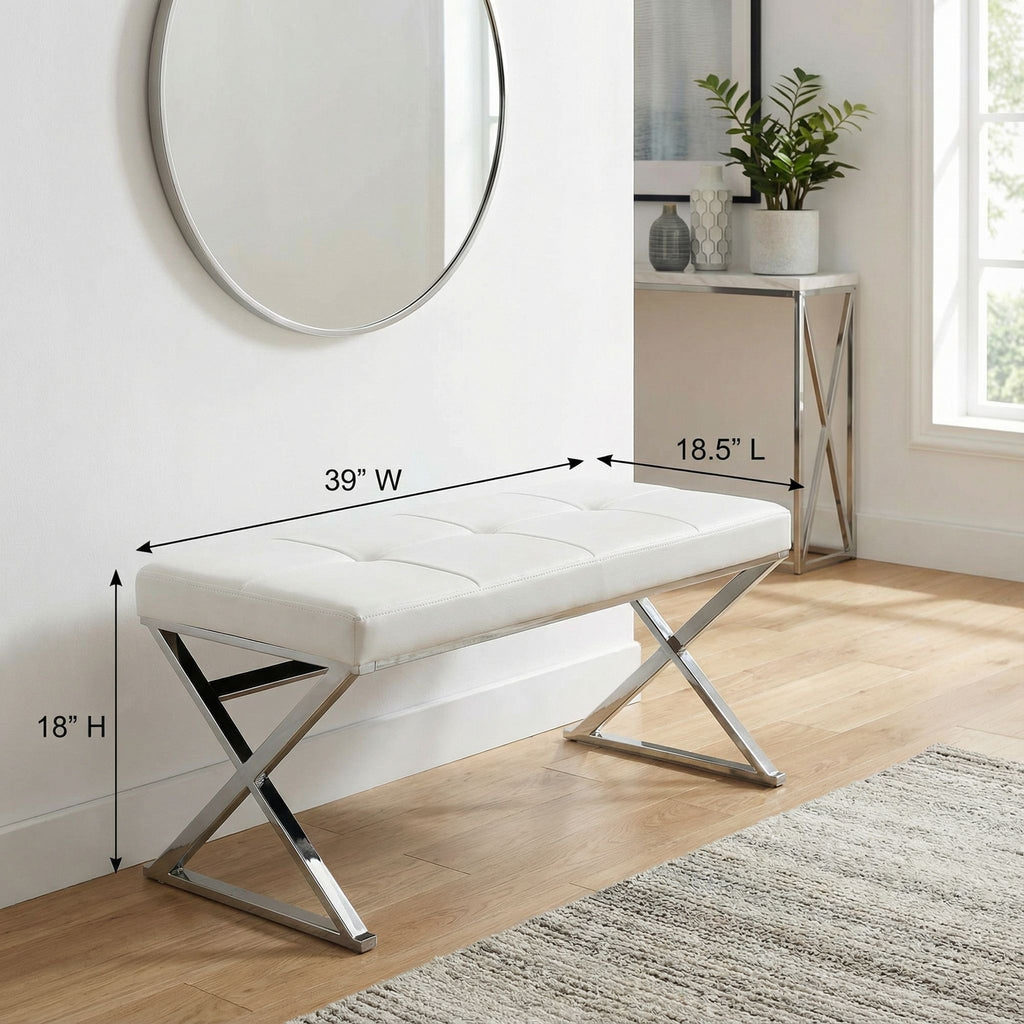 Zio Contemporary Metal Entryway X- Bench in Leather like Vinyl, White
