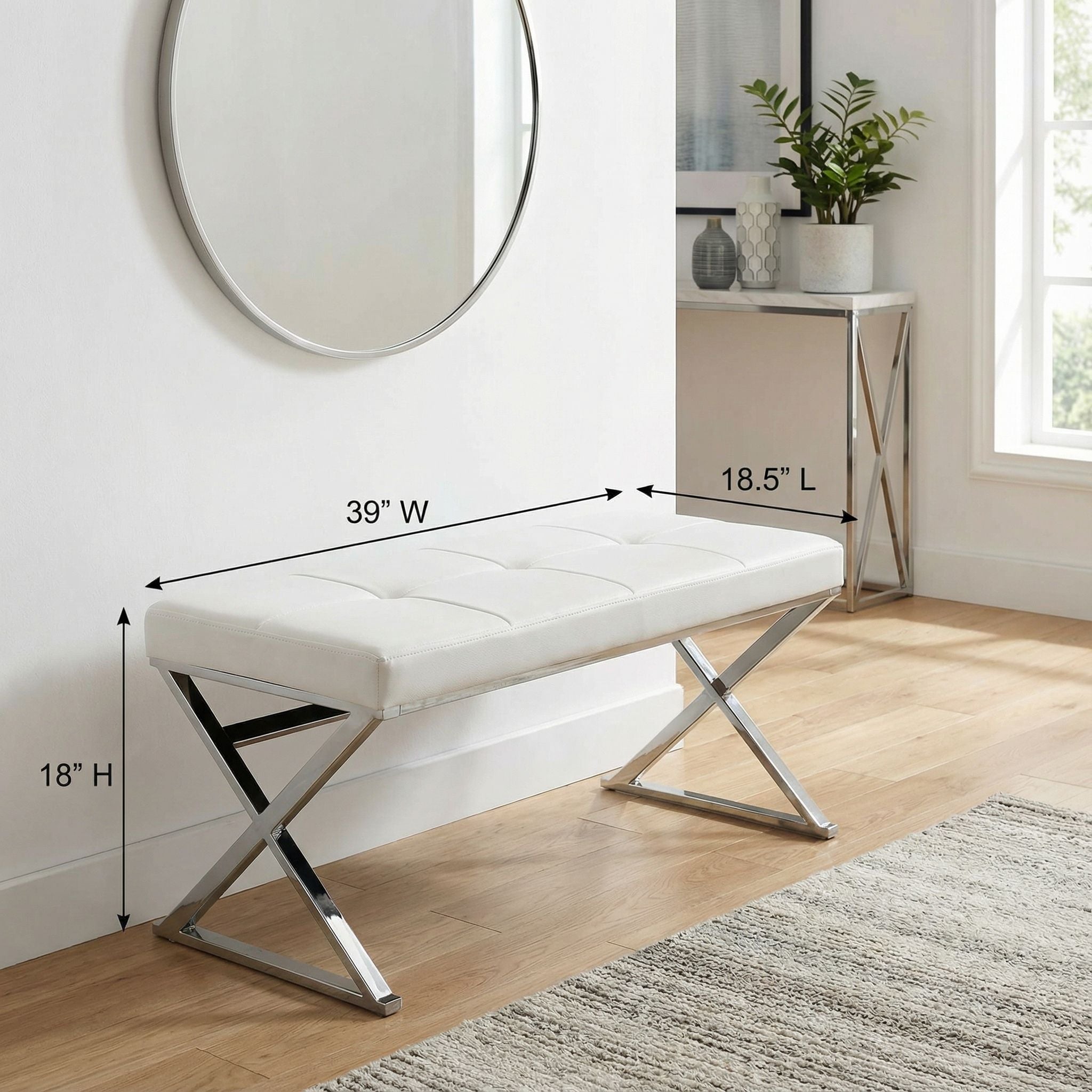 Zio Contemporary Metal Entryway X- Bench in Leather like Vinyl, White
