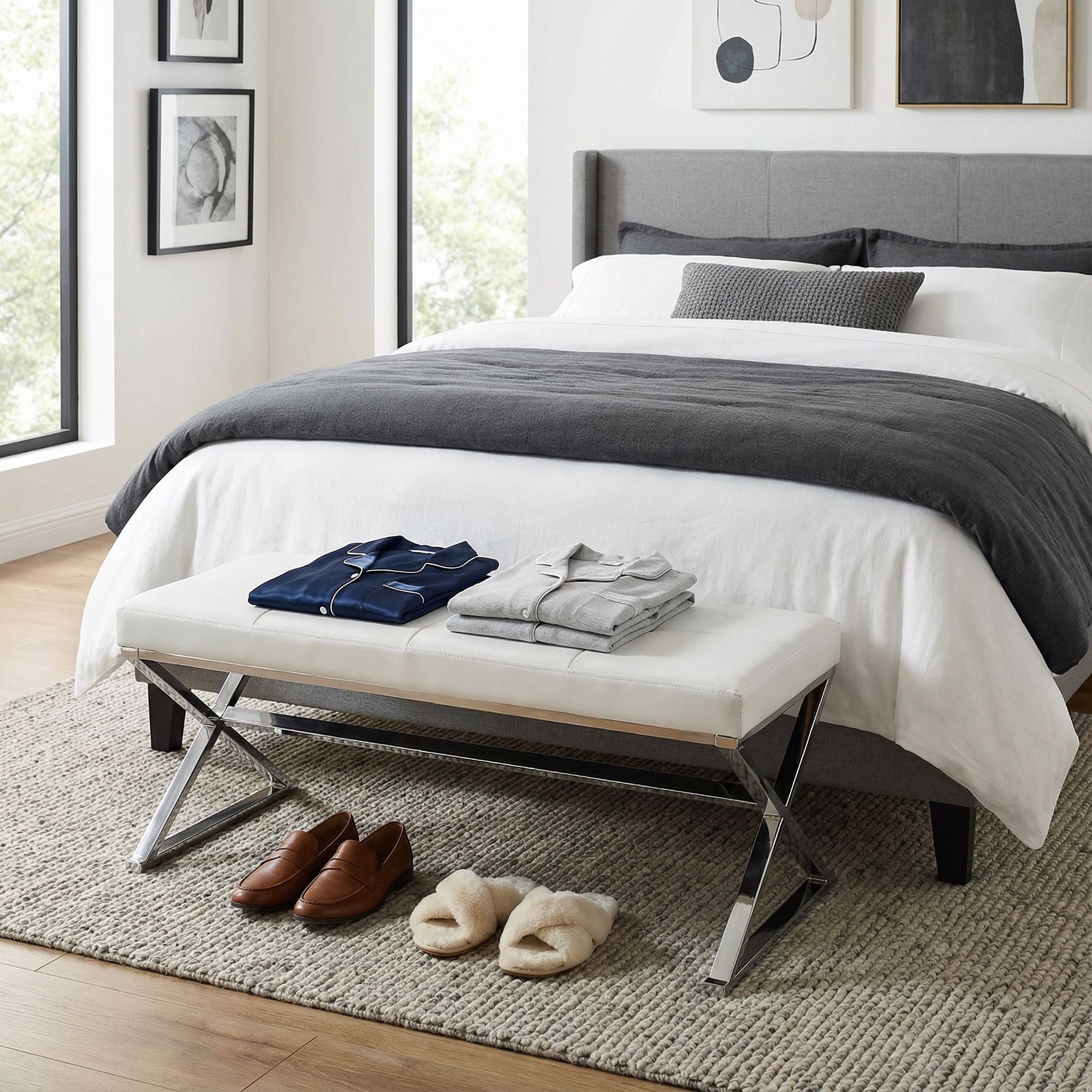 Zio Contemporary Metal Entryway X- Bench in Leather like Vinyl, White