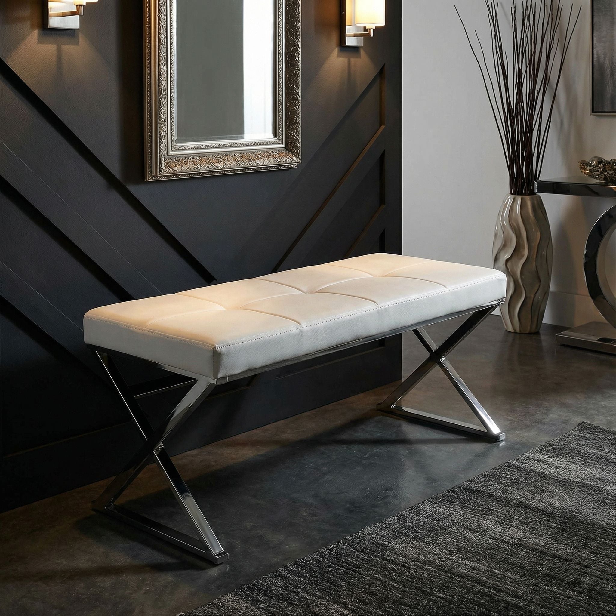 Zio Contemporary Metal Entryway X- Bench in Leather like Vinyl, White