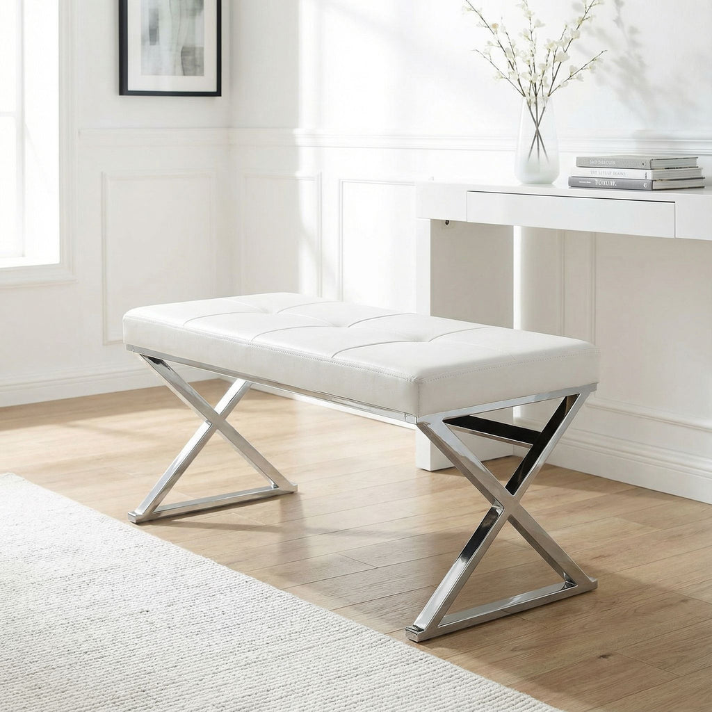Zio Contemporary Metal Entryway X- Bench in Leather like Vinyl, White