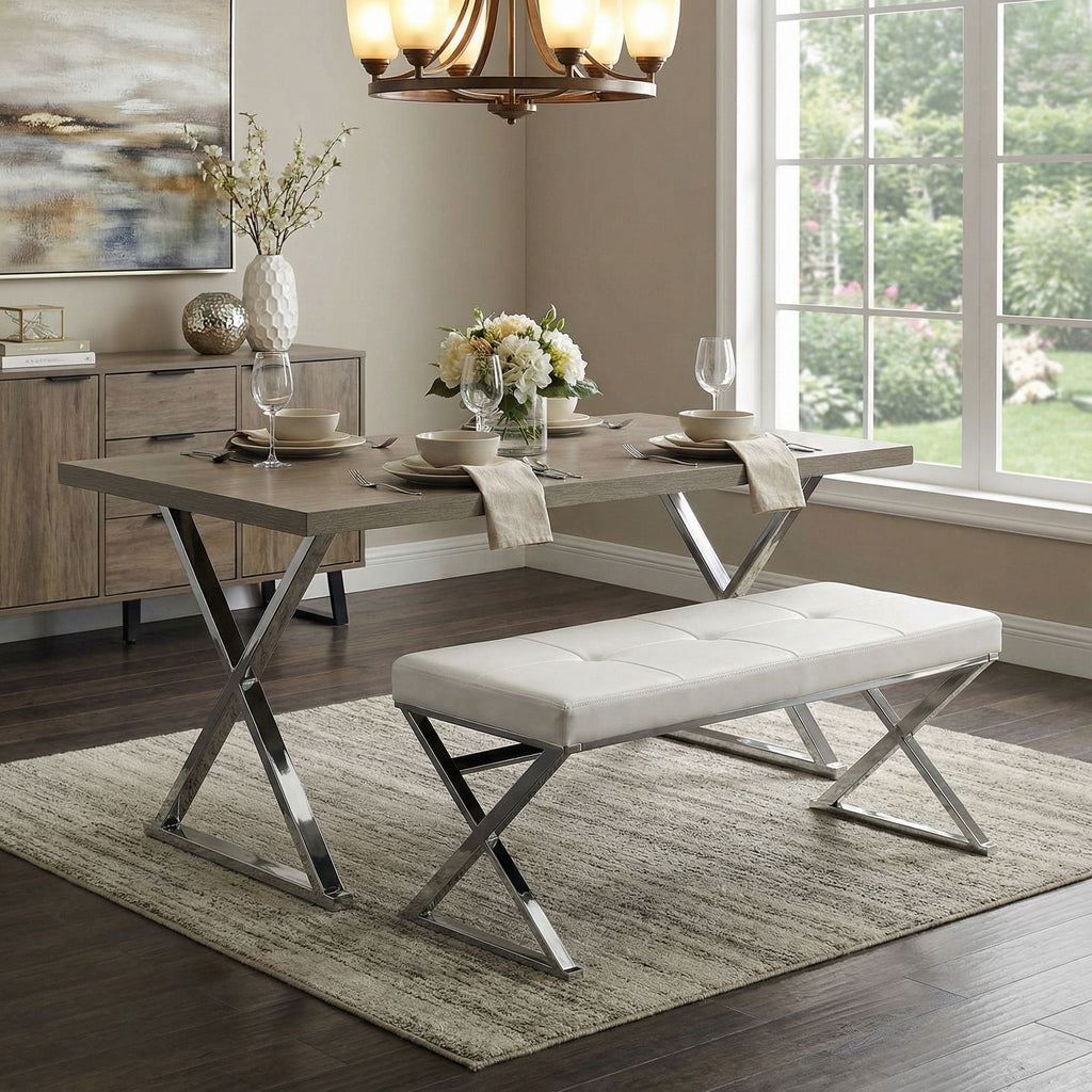 Zio Contemporary Metal Entryway X- Bench in Leather like Vinyl, White