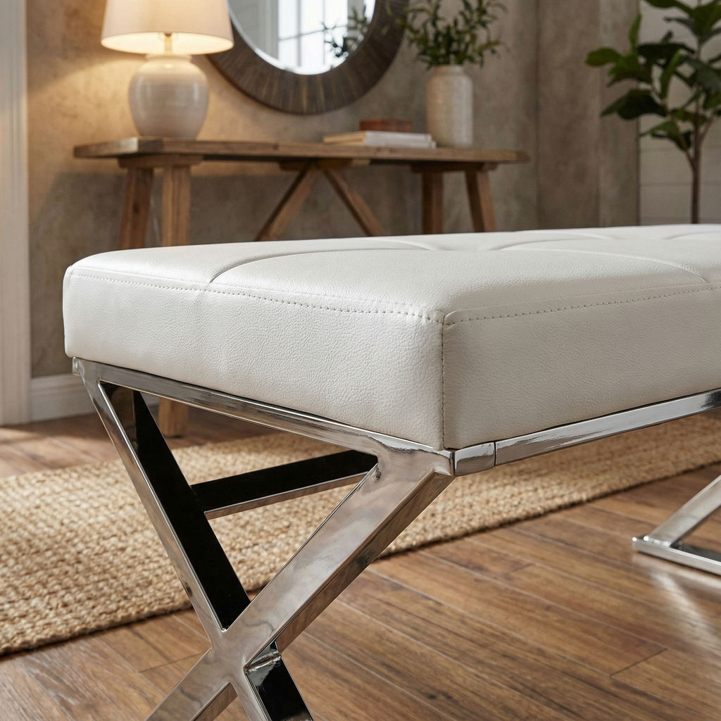 Zio Contemporary Metal Entryway X- Bench in Leather like Vinyl, White