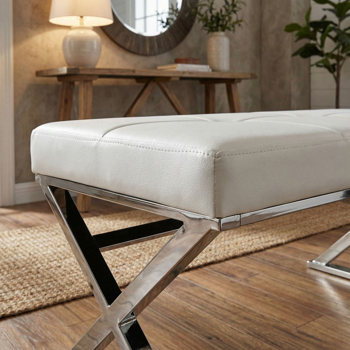 Zio Contemporary Metal Entryway X- Bench in Leather like Vinyl, White