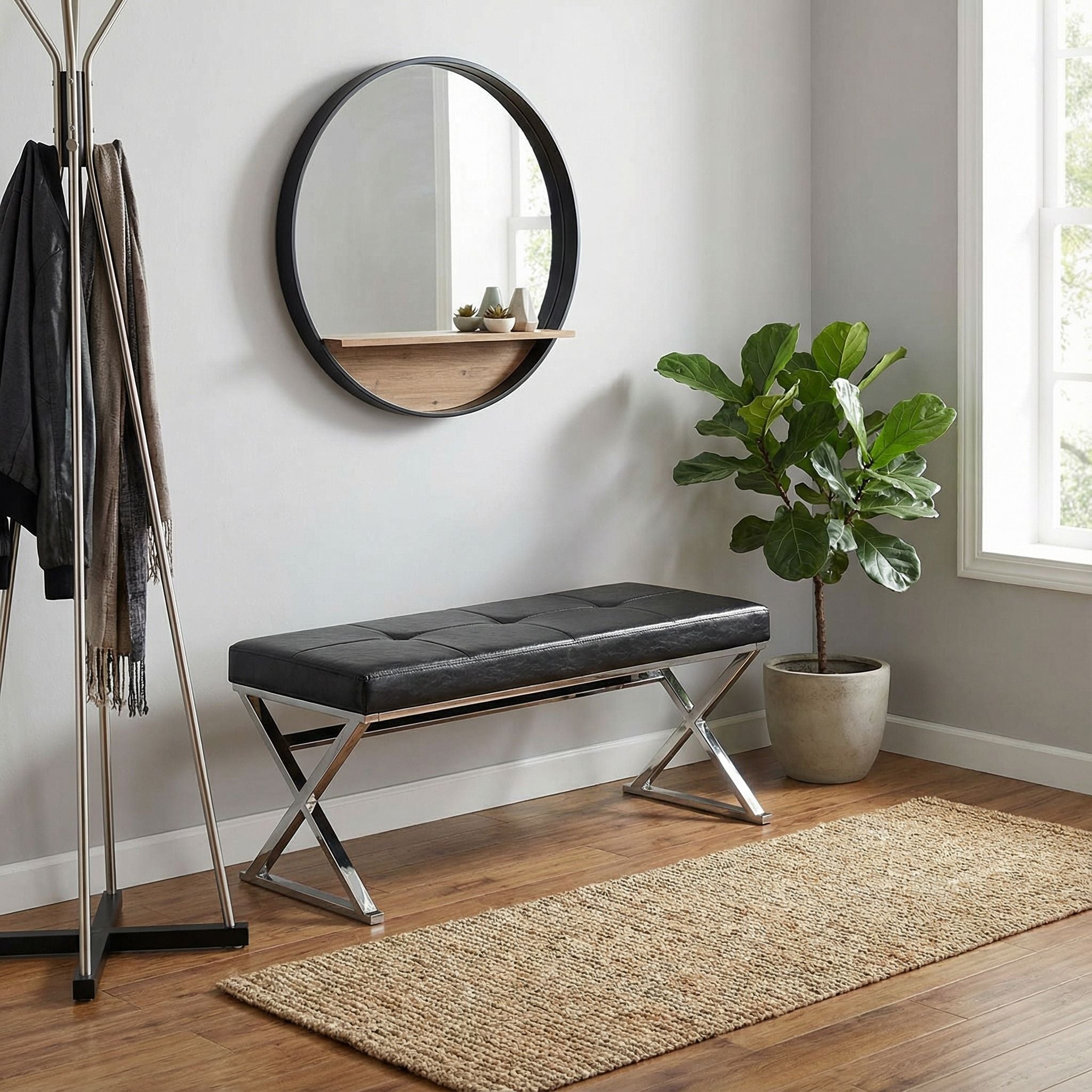 Zio Contemporary Metal Entryway X- Bench in Leather like Vinyl, Black