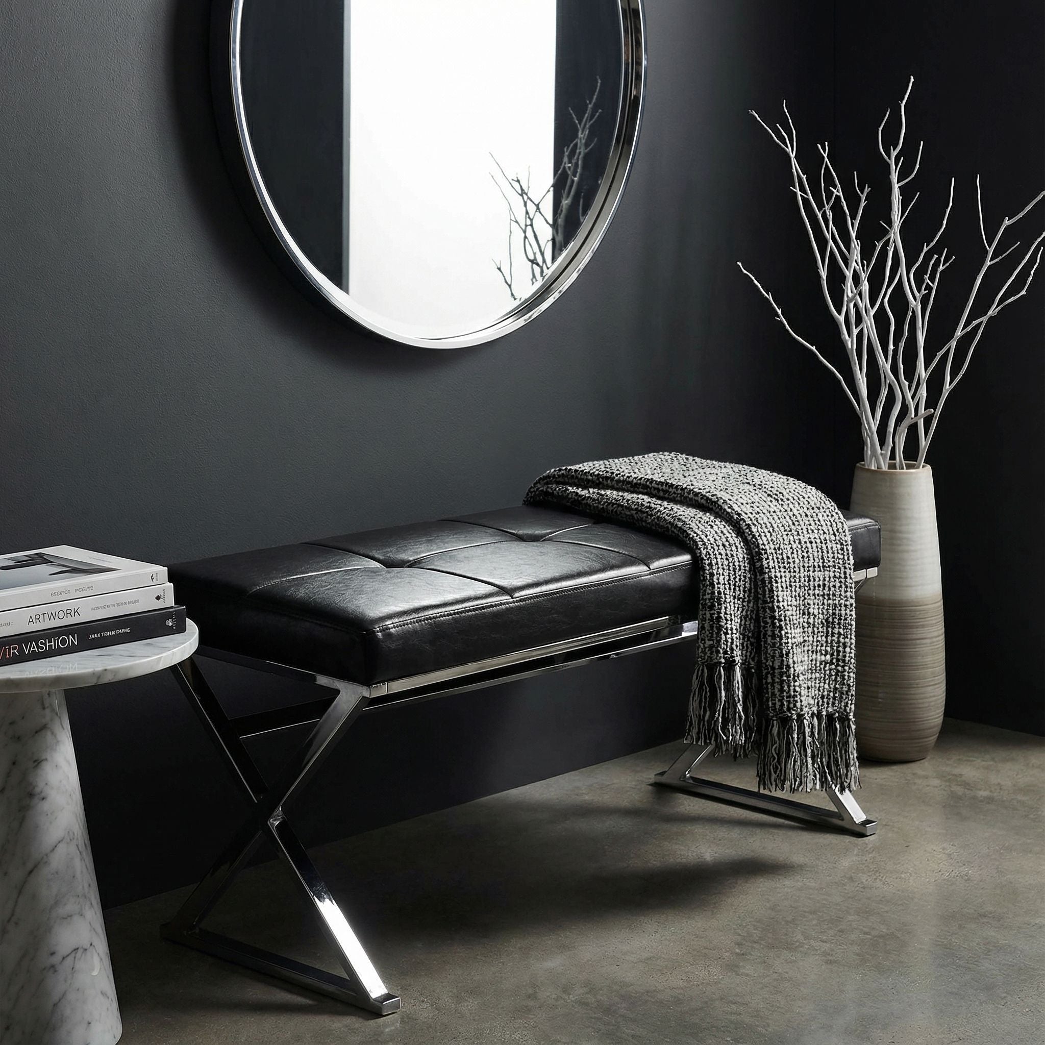 Zio Contemporary Metal Entryway X- Bench in Leather like Vinyl, Black