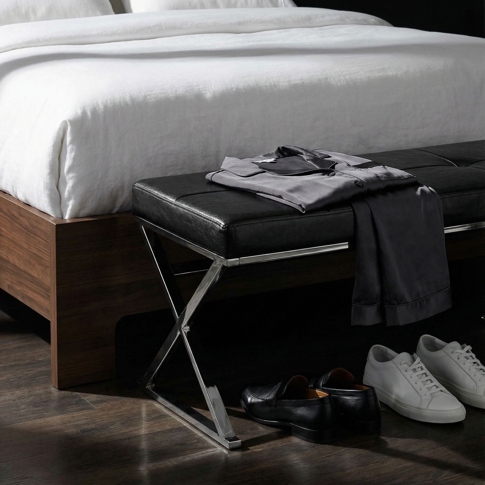 Zio Contemporary Metal Entryway X- Bench in Leather like Vinyl, Black