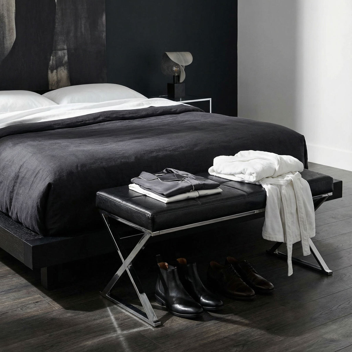 Zio Contemporary Metal Entryway X- Bench in Leather like Vinyl, Black