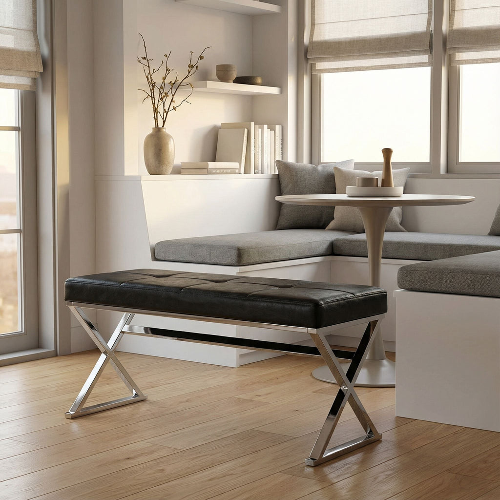 Zio Contemporary Metal Entryway X- Bench in Leather like Vinyl, Black