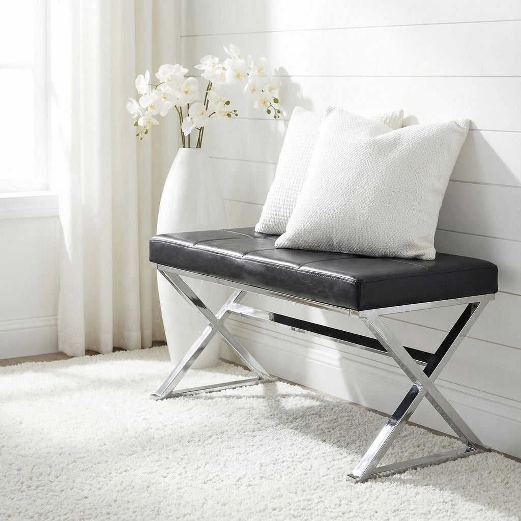 Zio Contemporary Metal Entryway X- Bench in Leather like Vinyl, Black