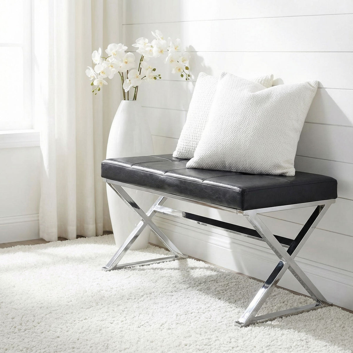 Zio Contemporary Metal Entryway X- Bench in Leather like Vinyl, Black