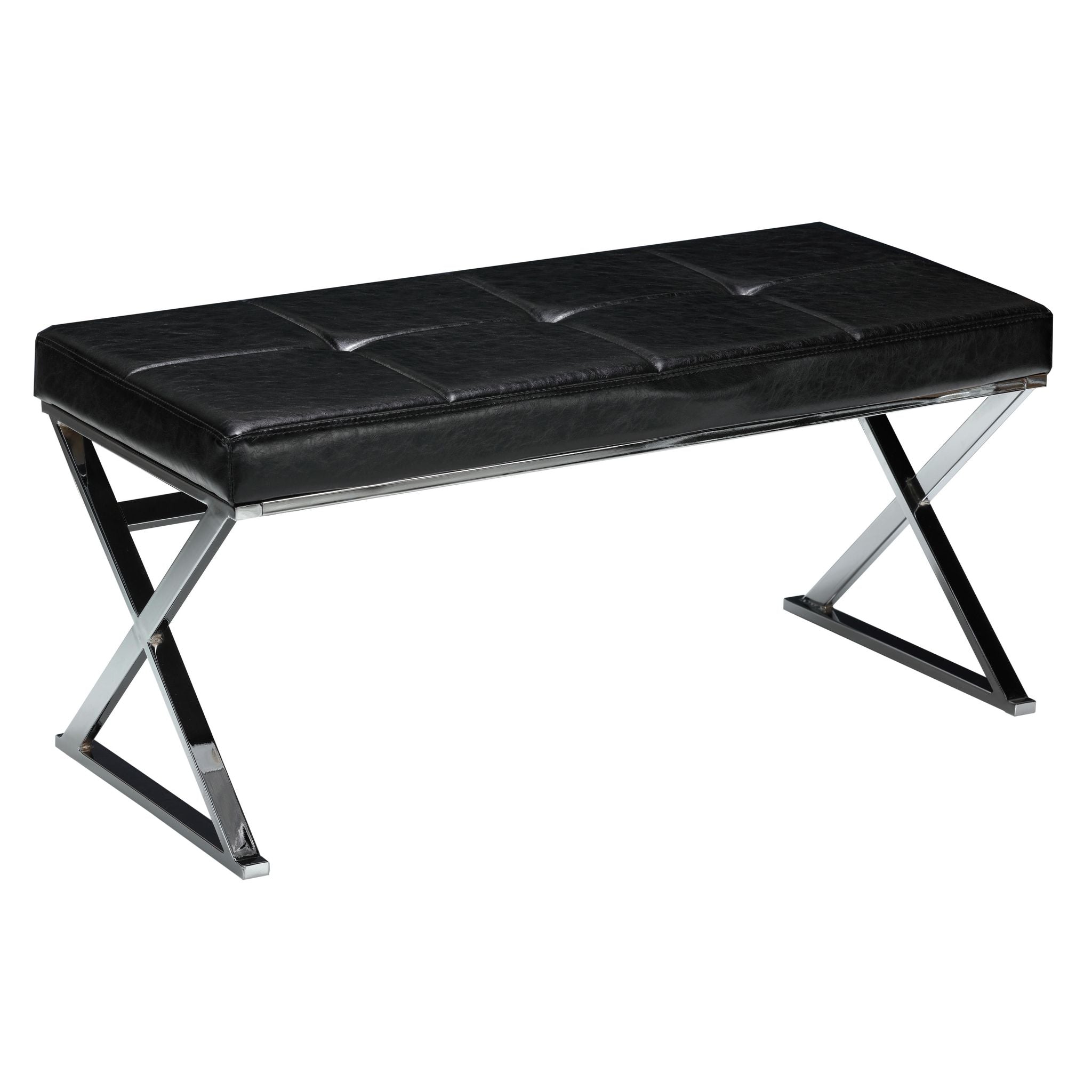 Zio Contemporary Metal Entryway X- Bench in Leather like Vinyl, Black