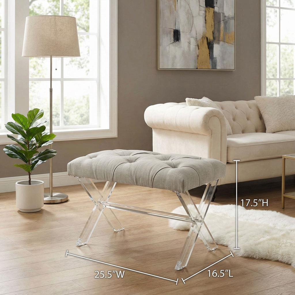 Cortesi Home Shayna X-Bench Ottoman with Clear Acrylic Legs , Grey Linen