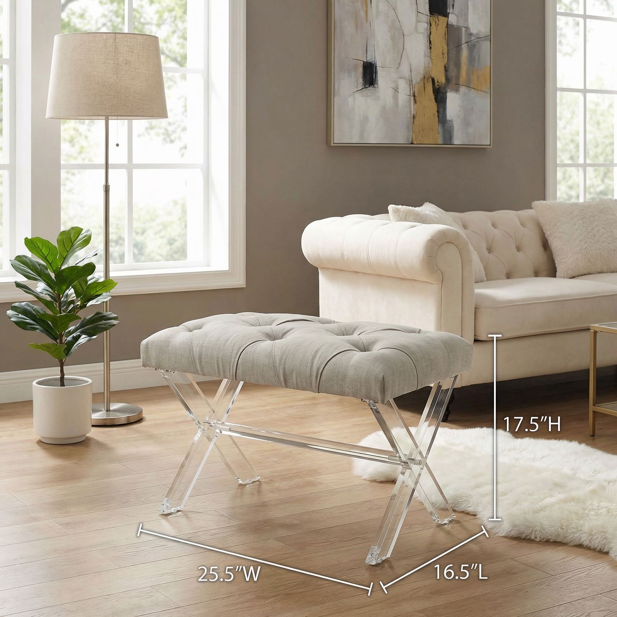 Cortesi Home Shayna X-Bench Ottoman with Clear Acrylic Legs , Grey Linen
