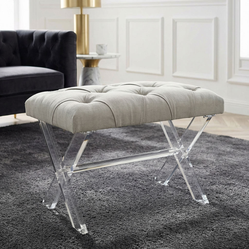 Cortesi Home Shayna X-Bench Ottoman with Clear Acrylic Legs , Grey Linen