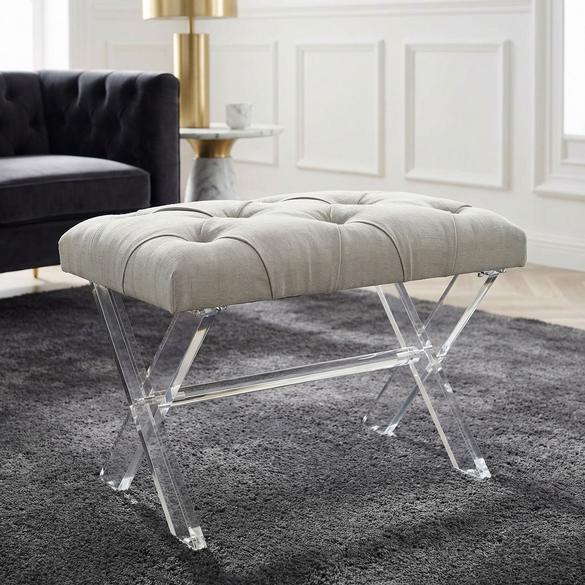 Cortesi Home Shayna X-Bench Ottoman with Clear Acrylic Legs , Grey Linen