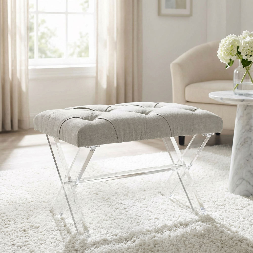 Cortesi Home Shayna X-Bench Ottoman with Clear Acrylic Legs , Grey Linen