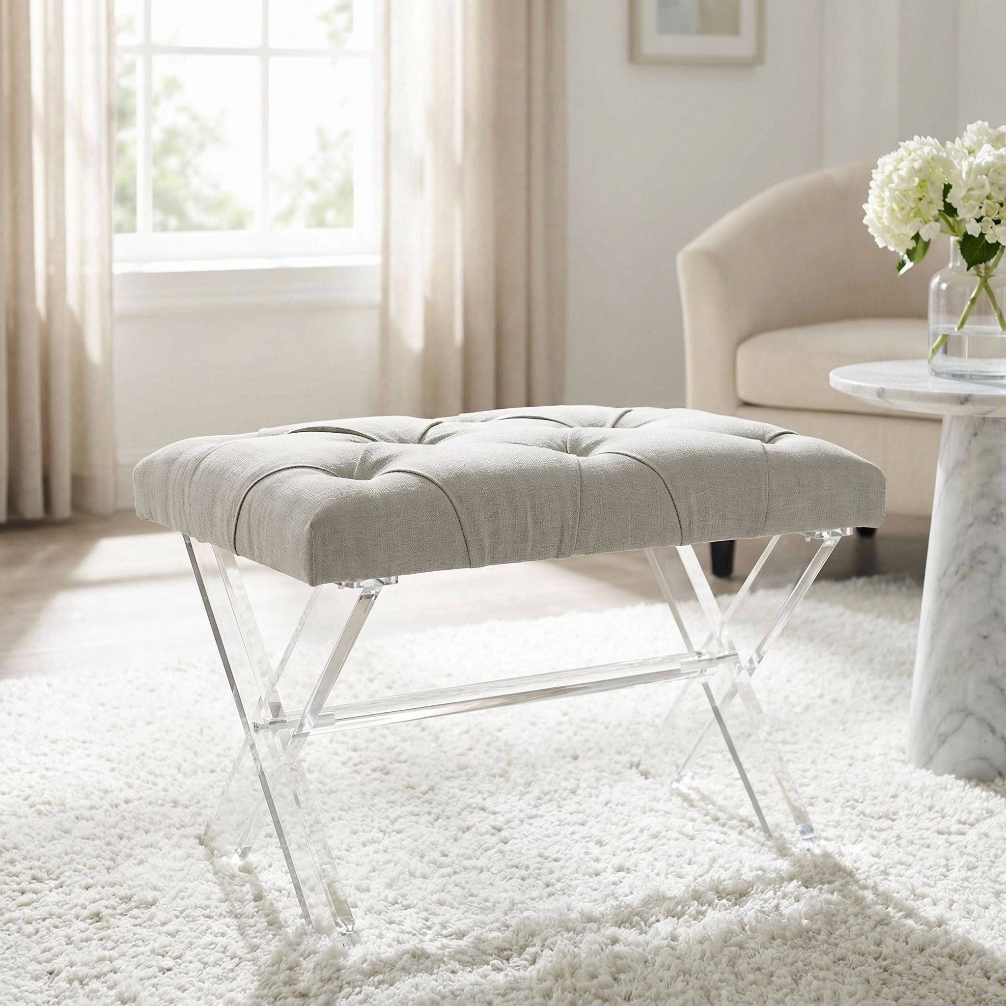 Cortesi Home Shayna X-Bench Ottoman with Clear Acrylic Legs , Grey Linen