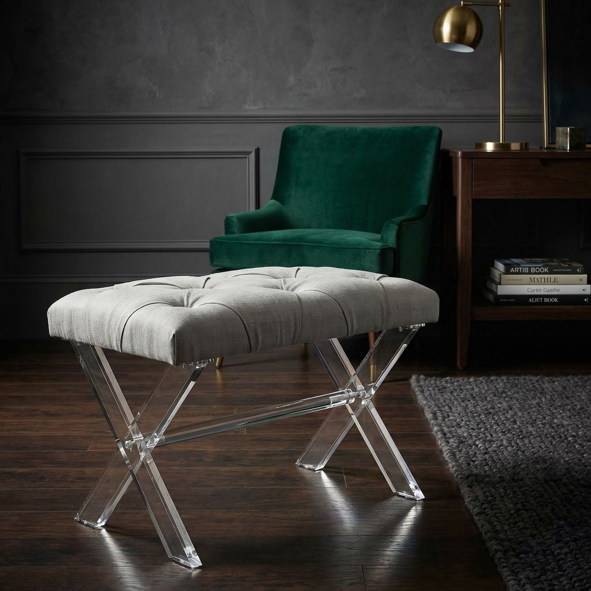 Cortesi Home Shayna X-Bench Ottoman with Clear Acrylic Legs , Grey Linen