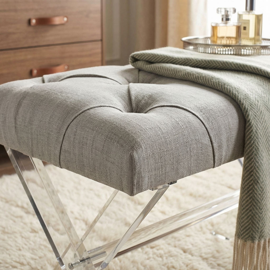 Cortesi Home Shayna X-Bench Ottoman with Clear Acrylic Legs , Grey Linen