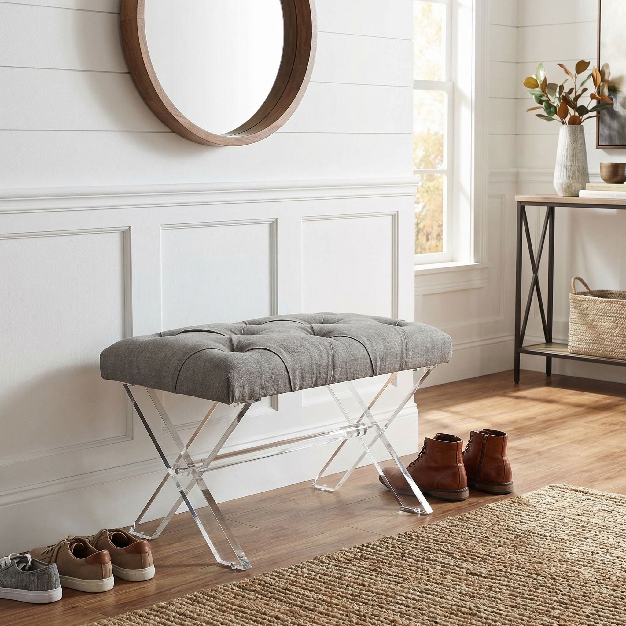 Cortesi Home Shayna X-Bench Ottoman with Clear Acrylic Legs , Grey Linen