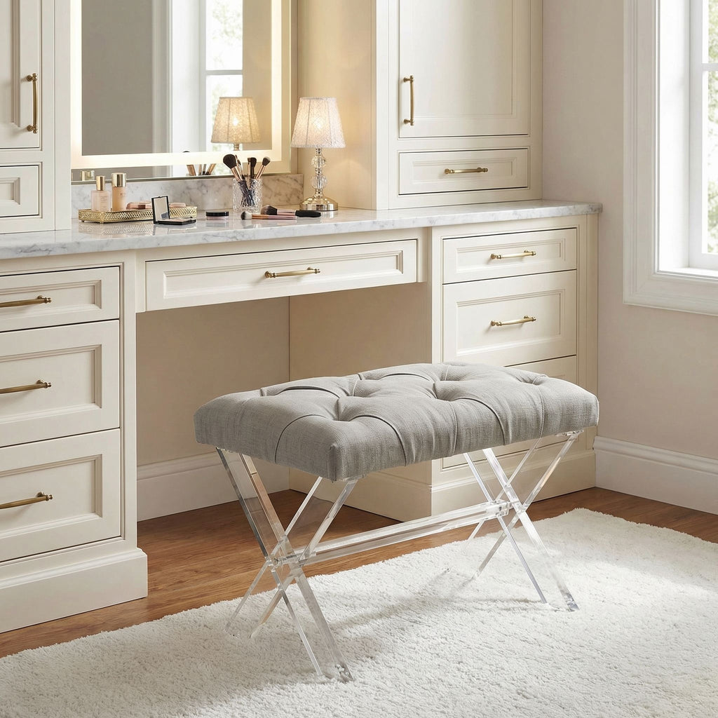 Cortesi Home Shayna X-Bench Ottoman with Clear Acrylic Legs , Grey Linen