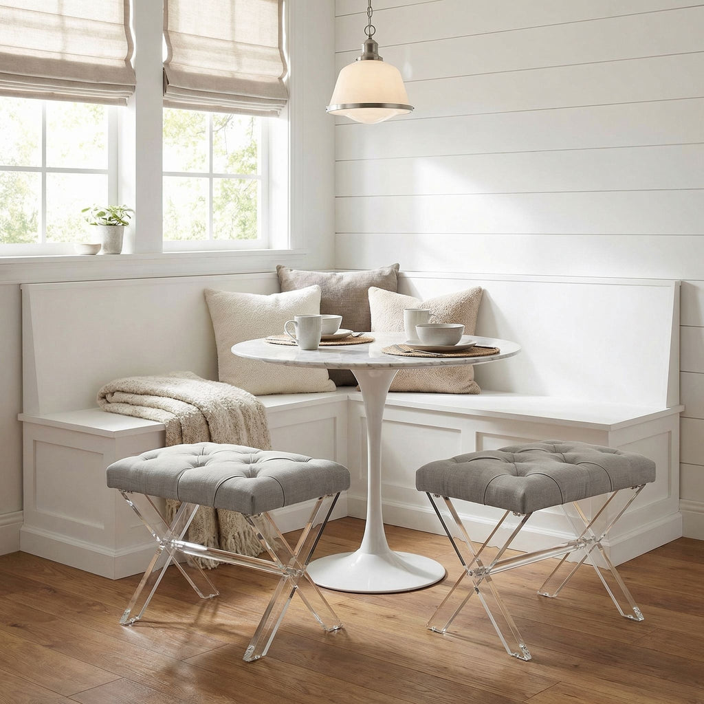 Cortesi Home Shayna X-Bench Ottoman with Clear Acrylic Legs , Grey Linen